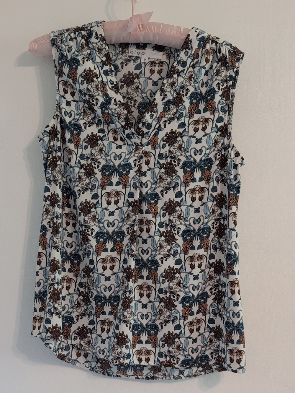 cleo Floral V-Neck Sleeveless Top - Blue, Brown & White